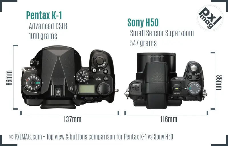 Pentax K-1 vs Sony H50 top view buttons comparison