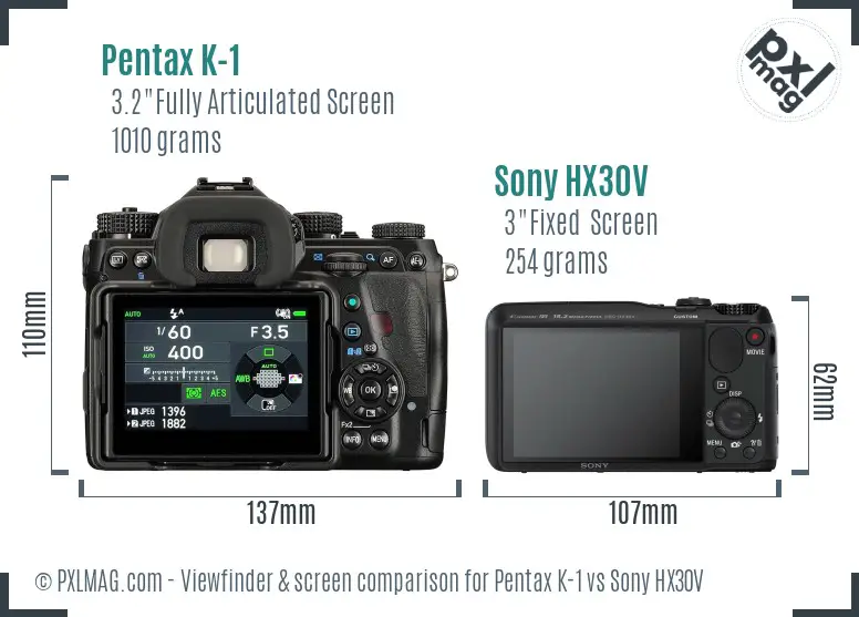 Pentax K-1 vs Sony HX30V Screen and Viewfinder comparison