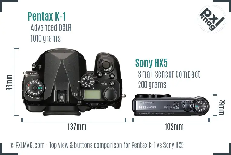 Pentax K-1 vs Sony HX5 top view buttons comparison Pentax K-1 vs Sony HX5 top view buttons comparison