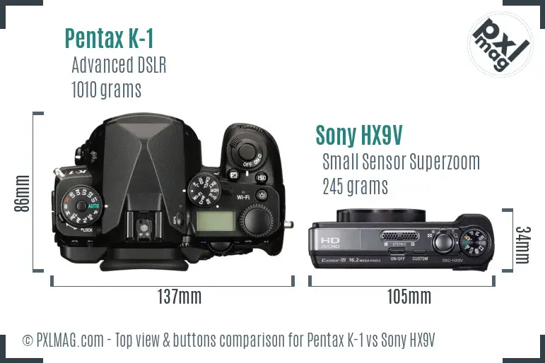 Pentax K-1 vs Sony HX9V top view buttons comparison Pentax K-1 vs Sony HX9V top view buttons comparison