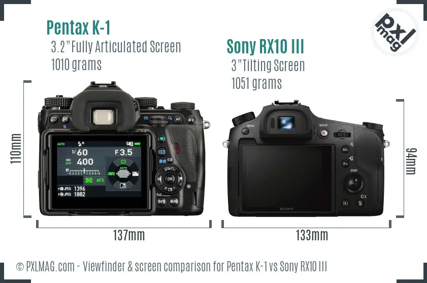 Pentax K-1 vs Sony RX10 III Screen and Viewfinder comparison