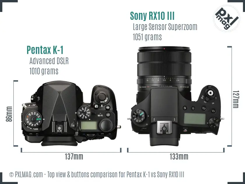Pentax K-1 vs Sony RX10 III top view buttons comparison