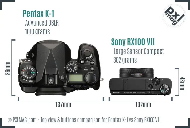 Pentax K-1 vs Sony RX100 VII top view buttons comparison