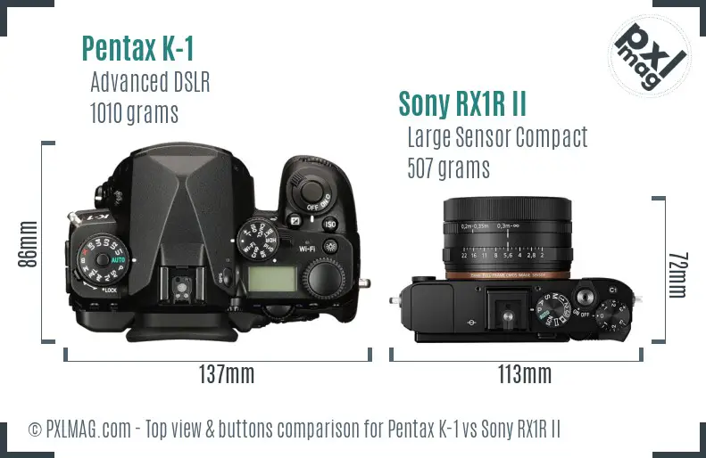 Pentax K-1 vs Sony RX1R II top view buttons comparison