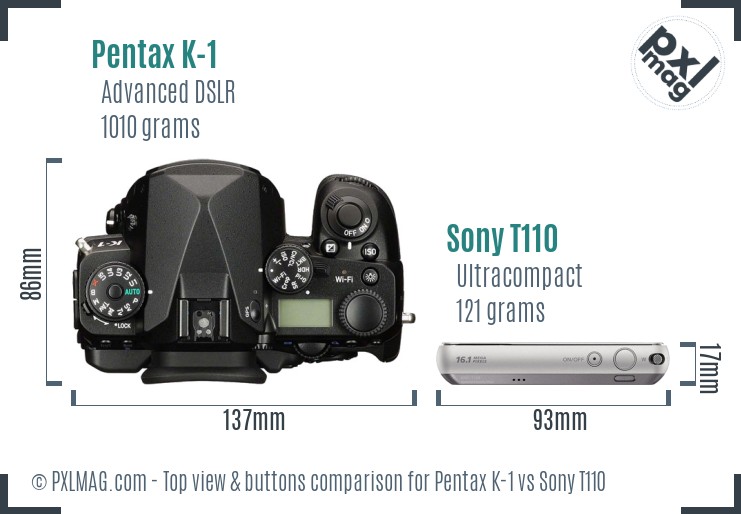 Pentax K-1 vs Sony T110 top view buttons comparison