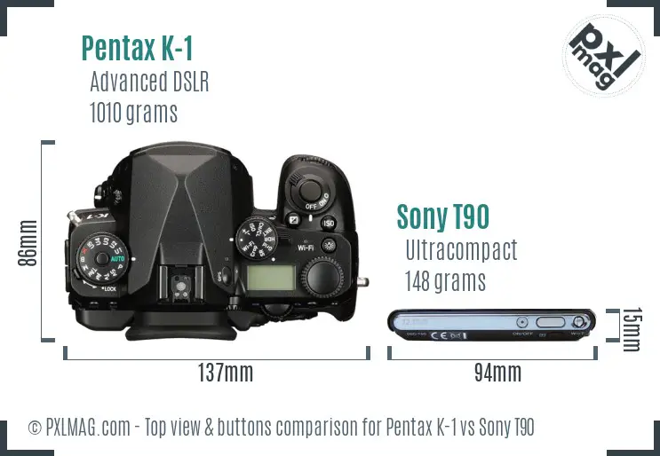 Pentax K-1 vs Sony T90 top view buttons comparison