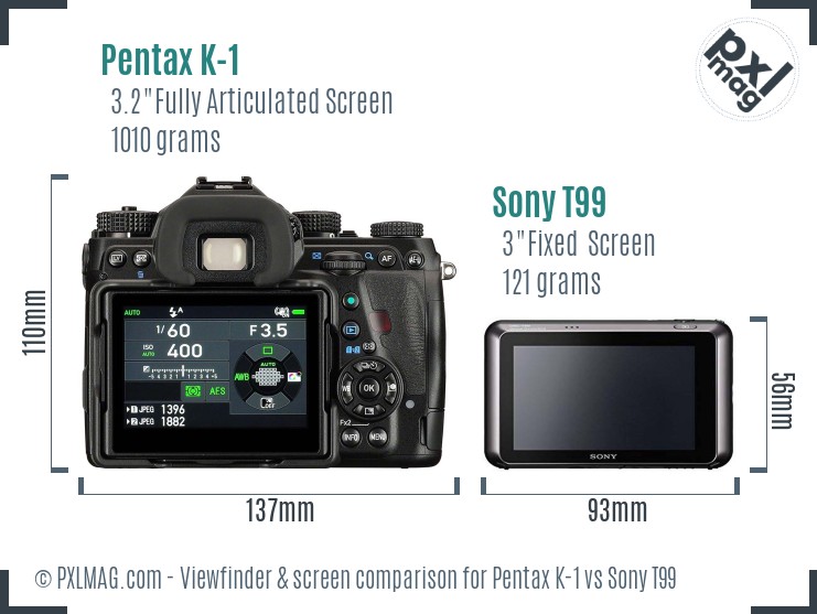 Pentax K-1 vs Sony T99 Screen and Viewfinder comparison