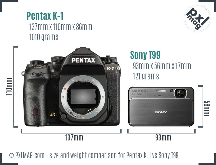 Pentax K-1 vs Sony T99 size comparison