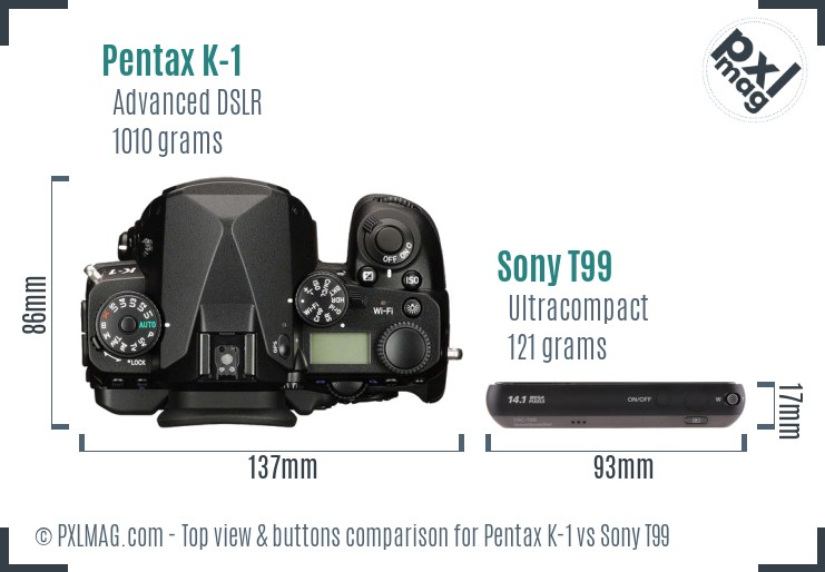 Pentax K-1 vs Sony T99 top view buttons comparison
