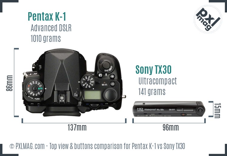 Pentax K-1 vs Sony TX30 top view buttons comparison
