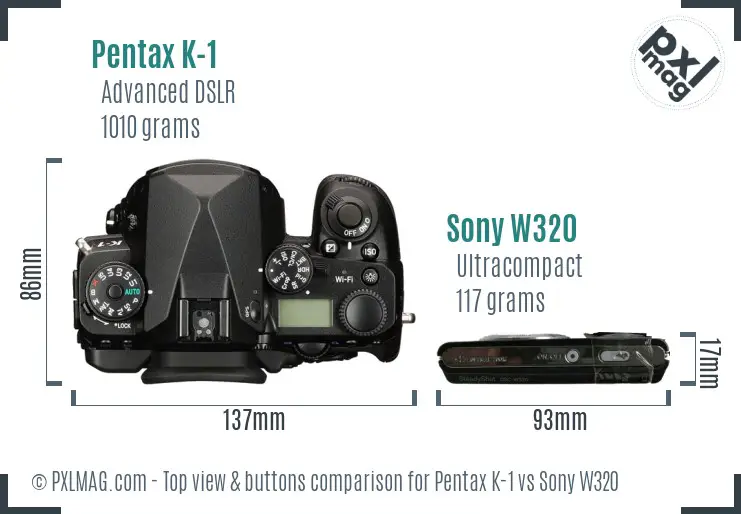 Pentax K-1 vs Sony W320 top view buttons comparison