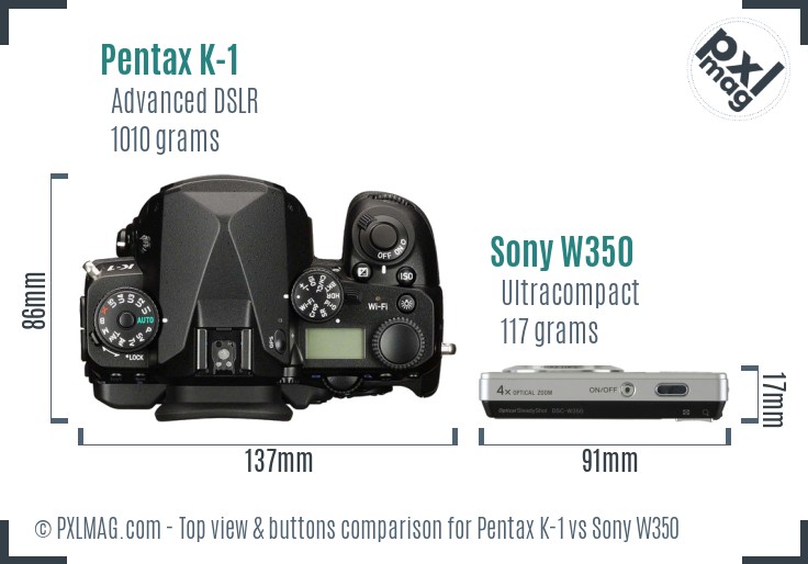Pentax K-1 vs Sony W350 top view buttons comparison