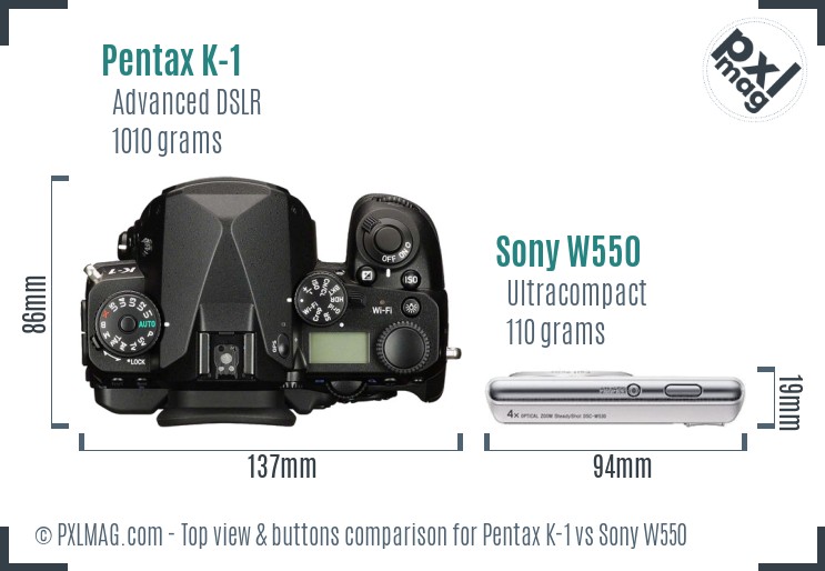 Pentax K-1 vs Sony W550 top view buttons comparison