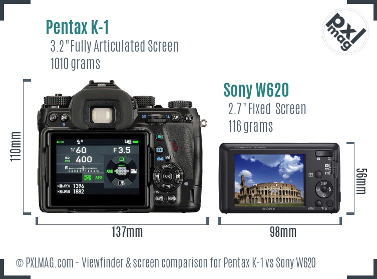 Pentax K-1 vs Sony W620 Screen and Viewfinder comparison