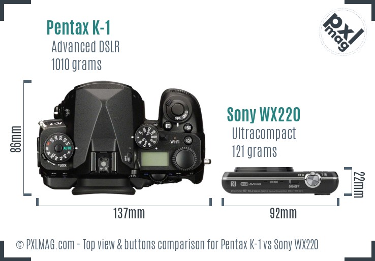 Pentax K-1 vs Sony WX220 top view buttons comparison