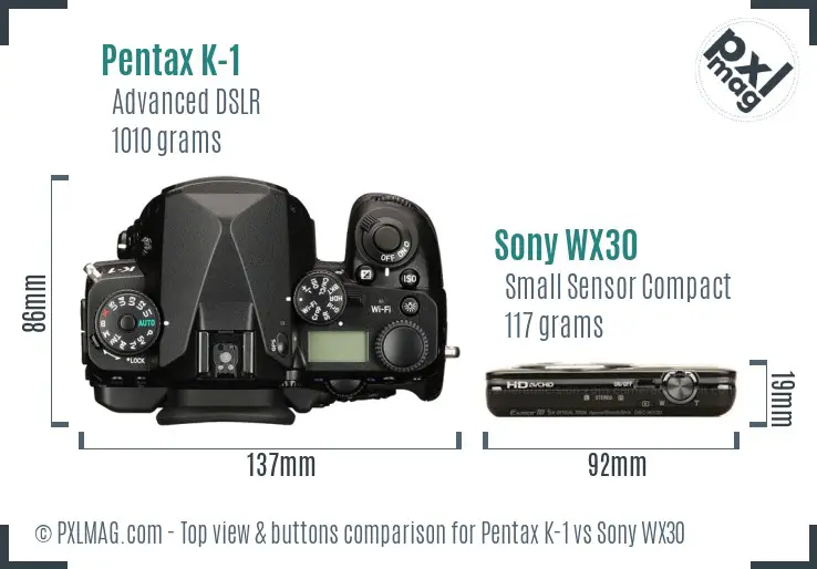 Pentax K-1 vs Sony WX30 top view buttons comparison Pentax K-1 vs Sony WX30 top view buttons comparison