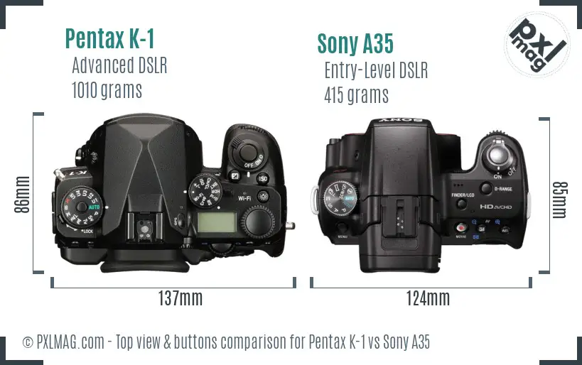 Pentax K-1 vs Sony A35 top view buttons comparison