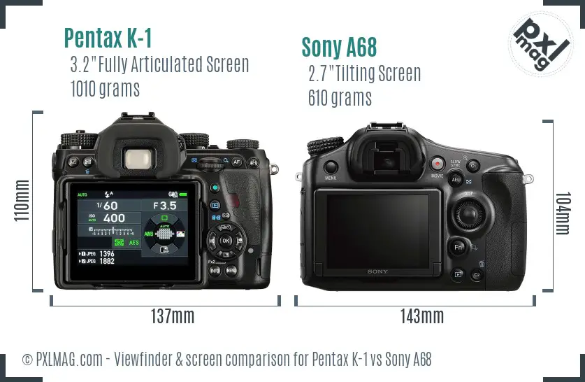 Pentax K-1 vs Sony A68 Screen and Viewfinder comparison