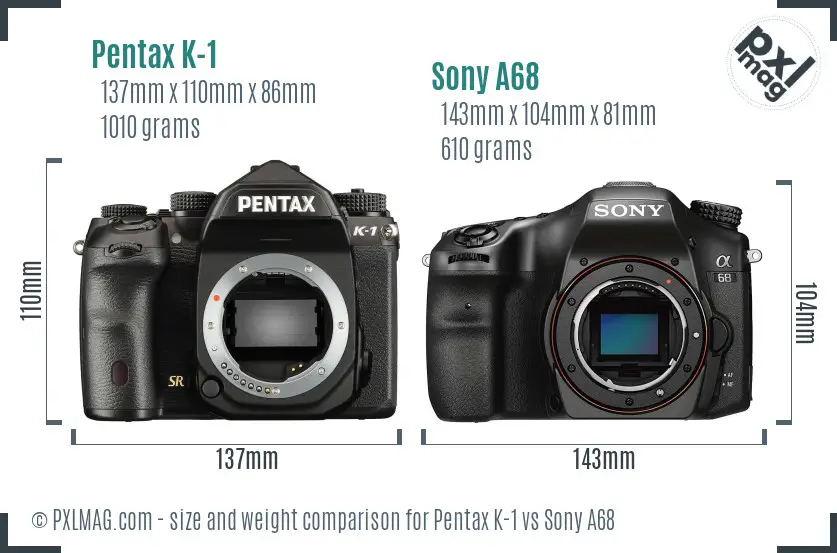 Pentax K-1 vs Sony A68 size comparison