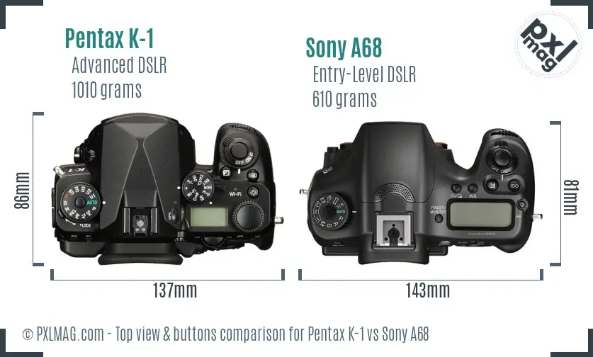 Pentax K-1 vs Sony A68 top view buttons comparison