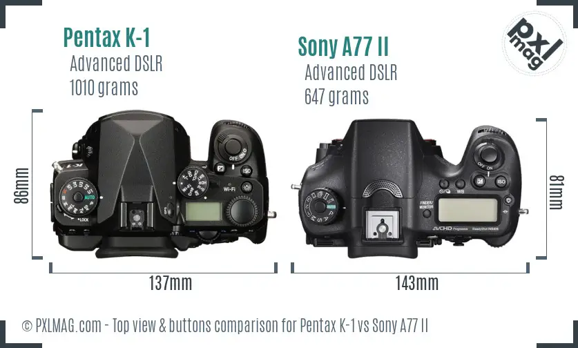 Pentax K-1 vs Sony A77 II top view buttons comparison
