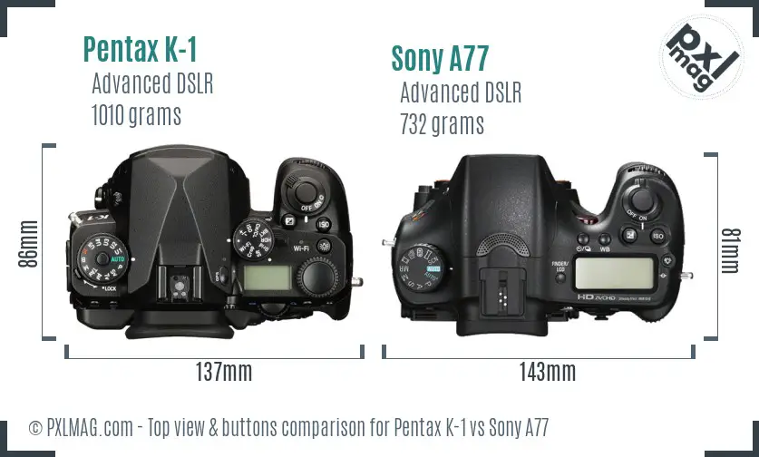 Pentax K-1 vs Sony A77 top view buttons comparison