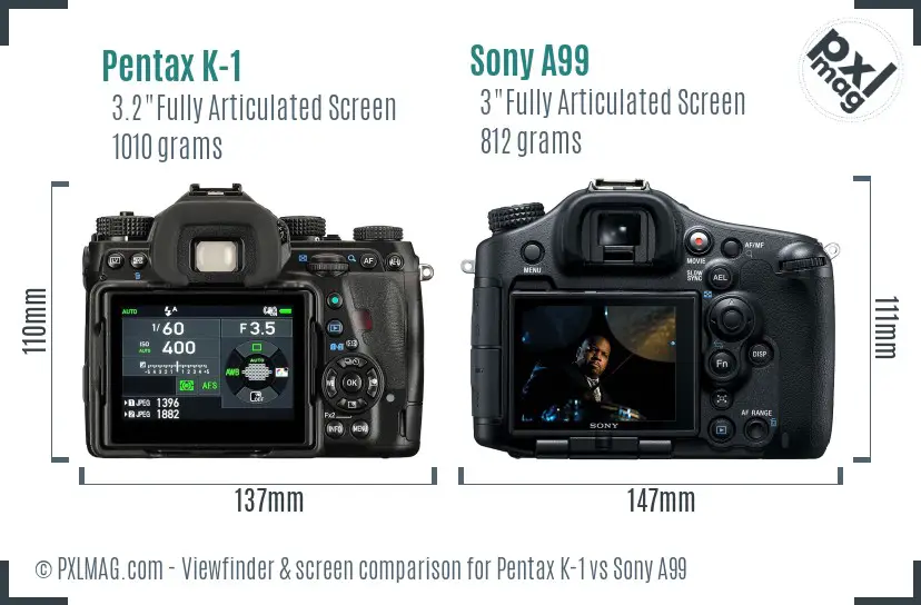 Pentax K-1 vs Sony A99 Screen and Viewfinder comparison