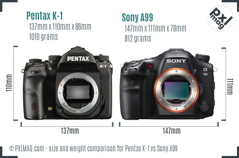 Pentax K-1 vs Sony A99 size comparison