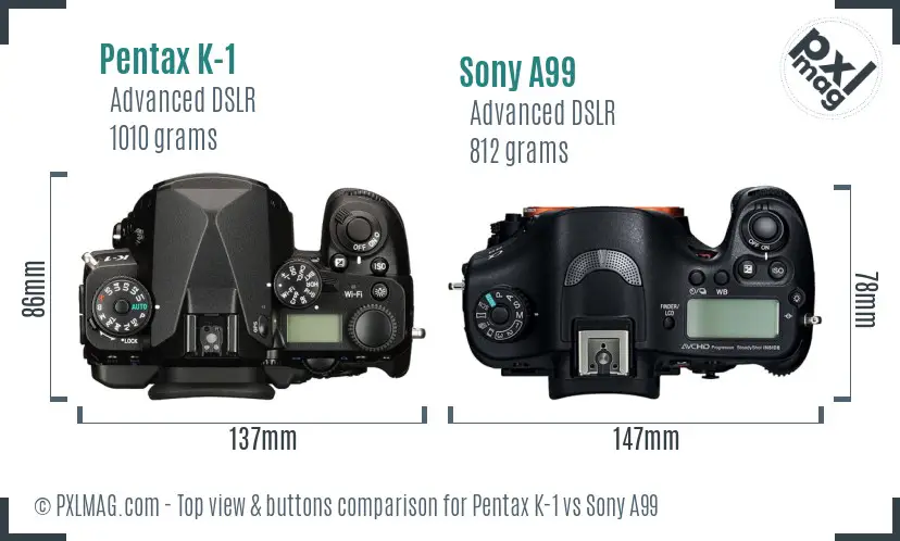 Pentax K-1 vs Sony A99 top view buttons comparison