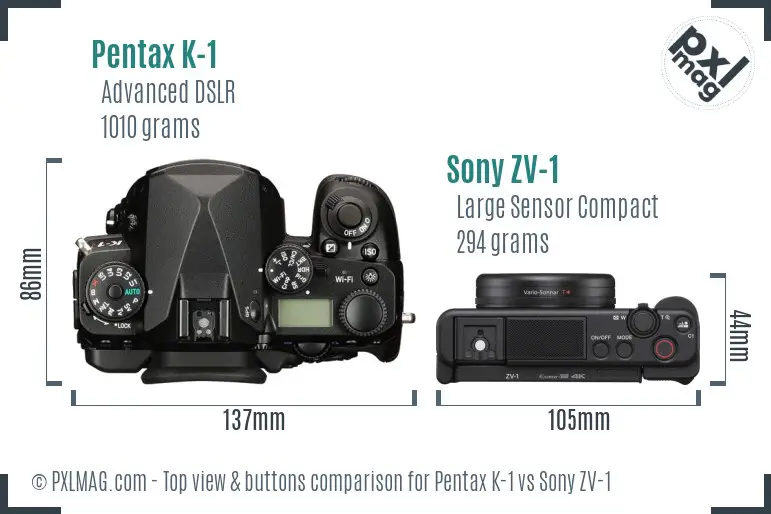 Pentax K-1 vs Sony ZV-1 top view buttons comparison Pentax K-1 vs Sony ZV-1 top view buttons comparison