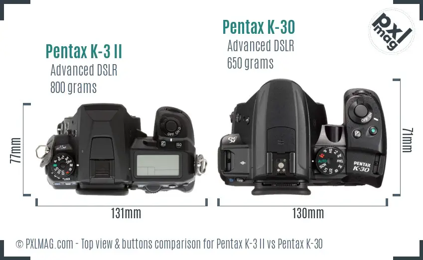 Pentax K-3 II vs Pentax K-30 top view buttons comparison