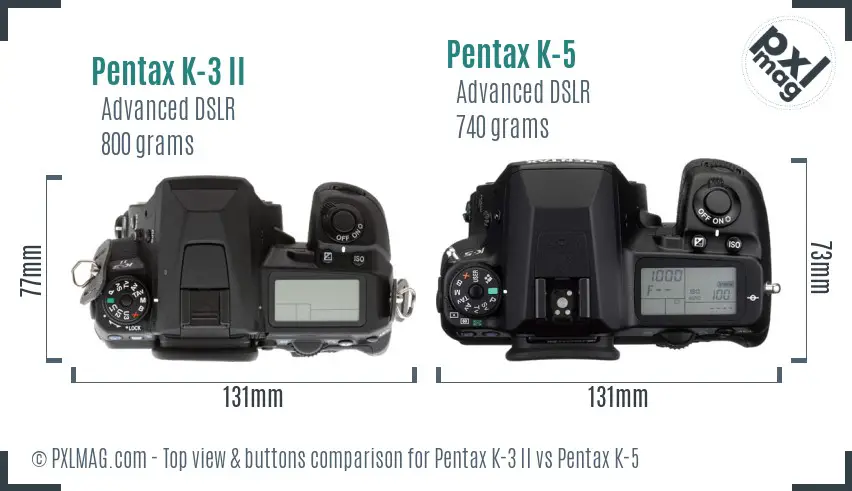 Pentax K-3 II vs Pentax K-5 top view buttons comparison