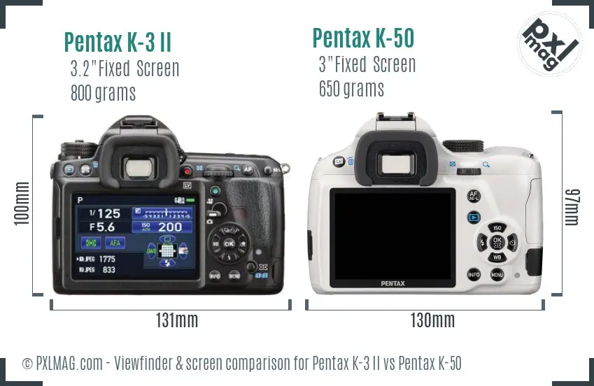 Pentax K-3 II vs Pentax K-50 Screen and Viewfinder comparison