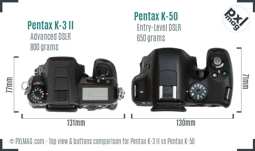 Pentax K-3 II vs Pentax K-50 top view buttons comparison