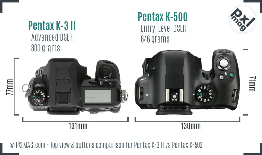 Pentax K-3 II vs Pentax K-500 top view buttons comparison