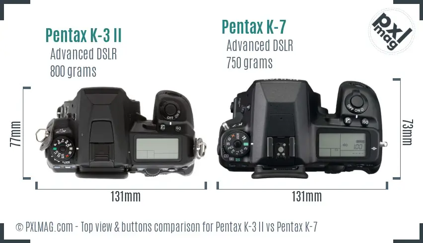 Pentax K-3 II vs Pentax K-7 top view buttons comparison