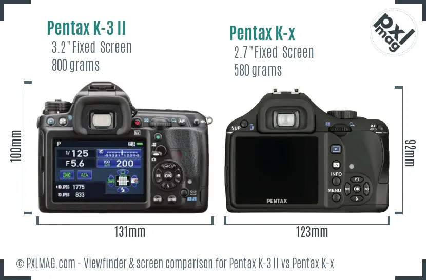 Pentax K-3 II vs Pentax K-x Screen and Viewfinder comparison