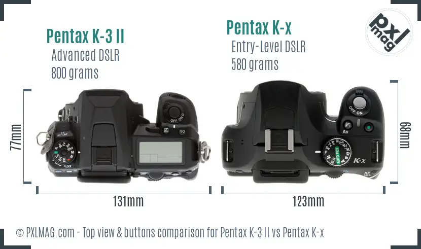 Pentax K-3 II vs Pentax K-x top view buttons comparison