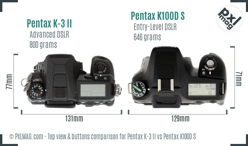Pentax K-3 II vs Pentax K100D S top view buttons comparison