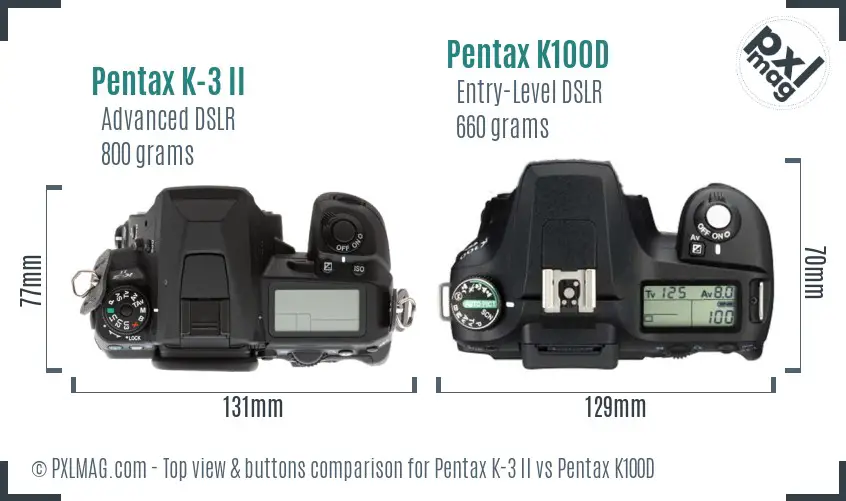 Pentax K-3 II vs Pentax K100D top view buttons comparison