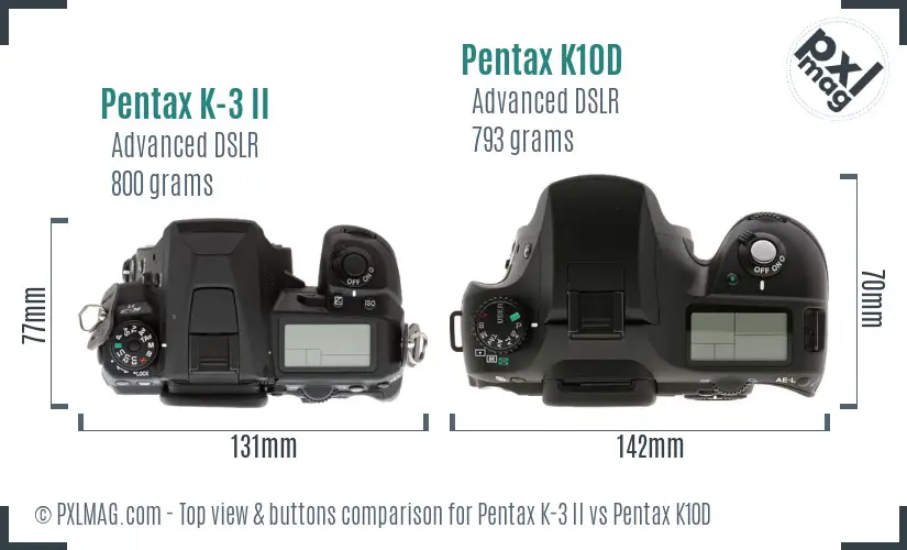 Pentax K-3 II vs Pentax K10D top view buttons comparison