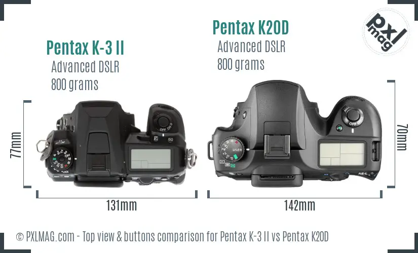 Pentax K-3 II vs Pentax K20D top view buttons comparison