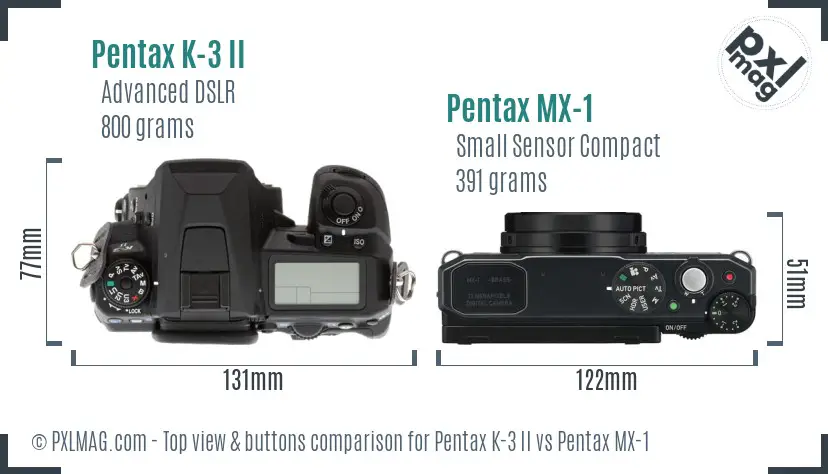 Pentax K-3 II vs Pentax MX-1 top view buttons comparison