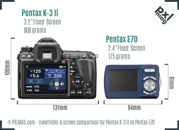 Pentax K-3 II vs Pentax E70 Screen and Viewfinder comparison