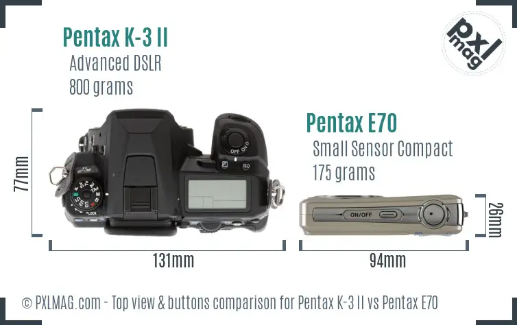 Pentax K-3 II vs Pentax E70 top view buttons comparison