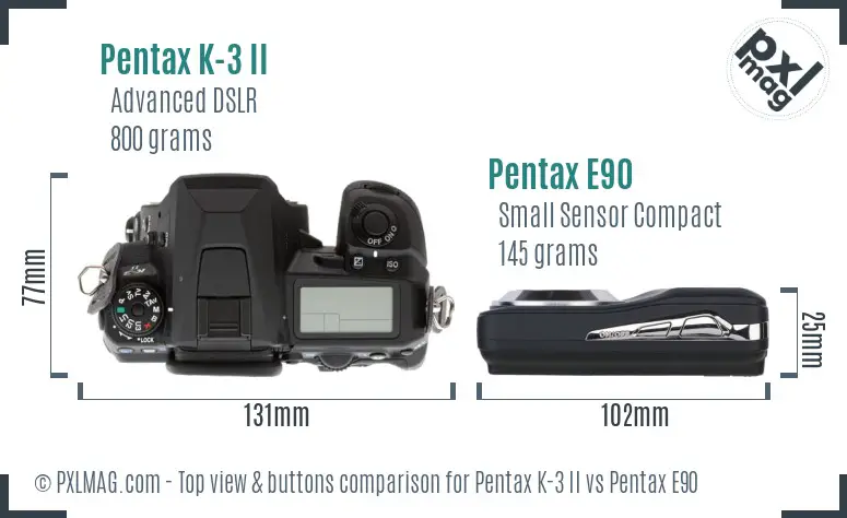 Pentax K-3 II vs Pentax E90 top view buttons comparison