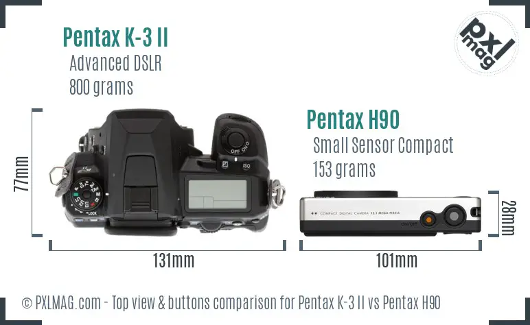 Pentax K-3 II vs Pentax H90 top view buttons comparison