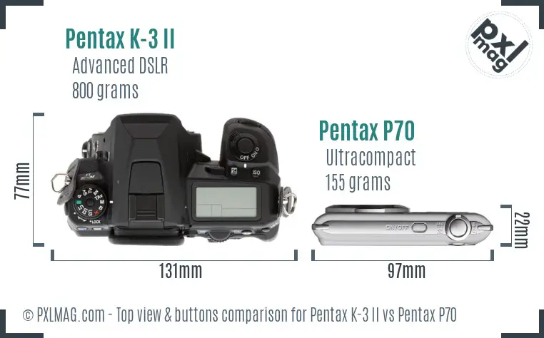 Pentax K-3 II vs Pentax P70 top view buttons comparison