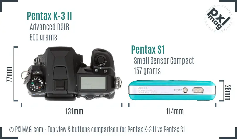 Pentax K-3 II vs Pentax S1 top view buttons comparison
