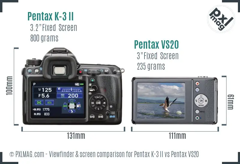 Pentax K-3 II vs Pentax VS20 Screen and Viewfinder comparison